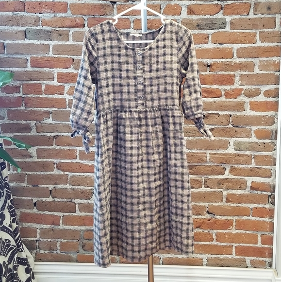 HIDDEN ALLEY M brown plaid dress button tie sleeve - Picture 2 of 4